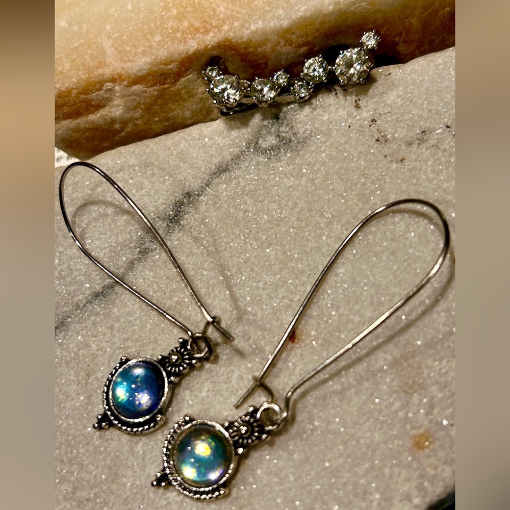 Silver Crystal Ear Crawler and Blue Opal Drop Earrings Set